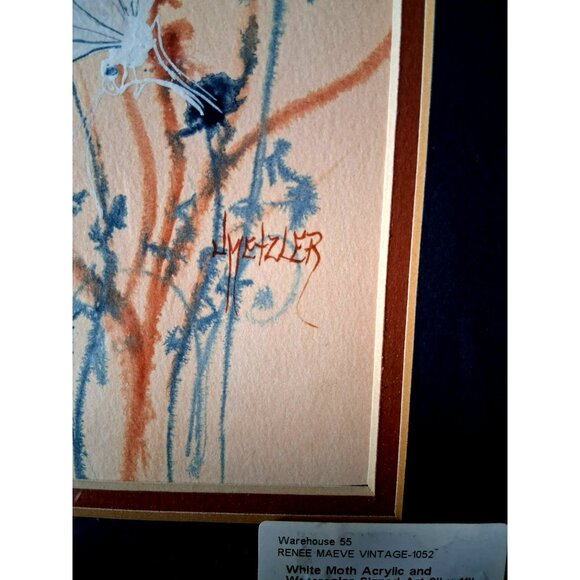 Vintage White Moth Acrylic & Ink Painting Artwork By Jan Metzler In Gold Frame - Picture 3 of 10